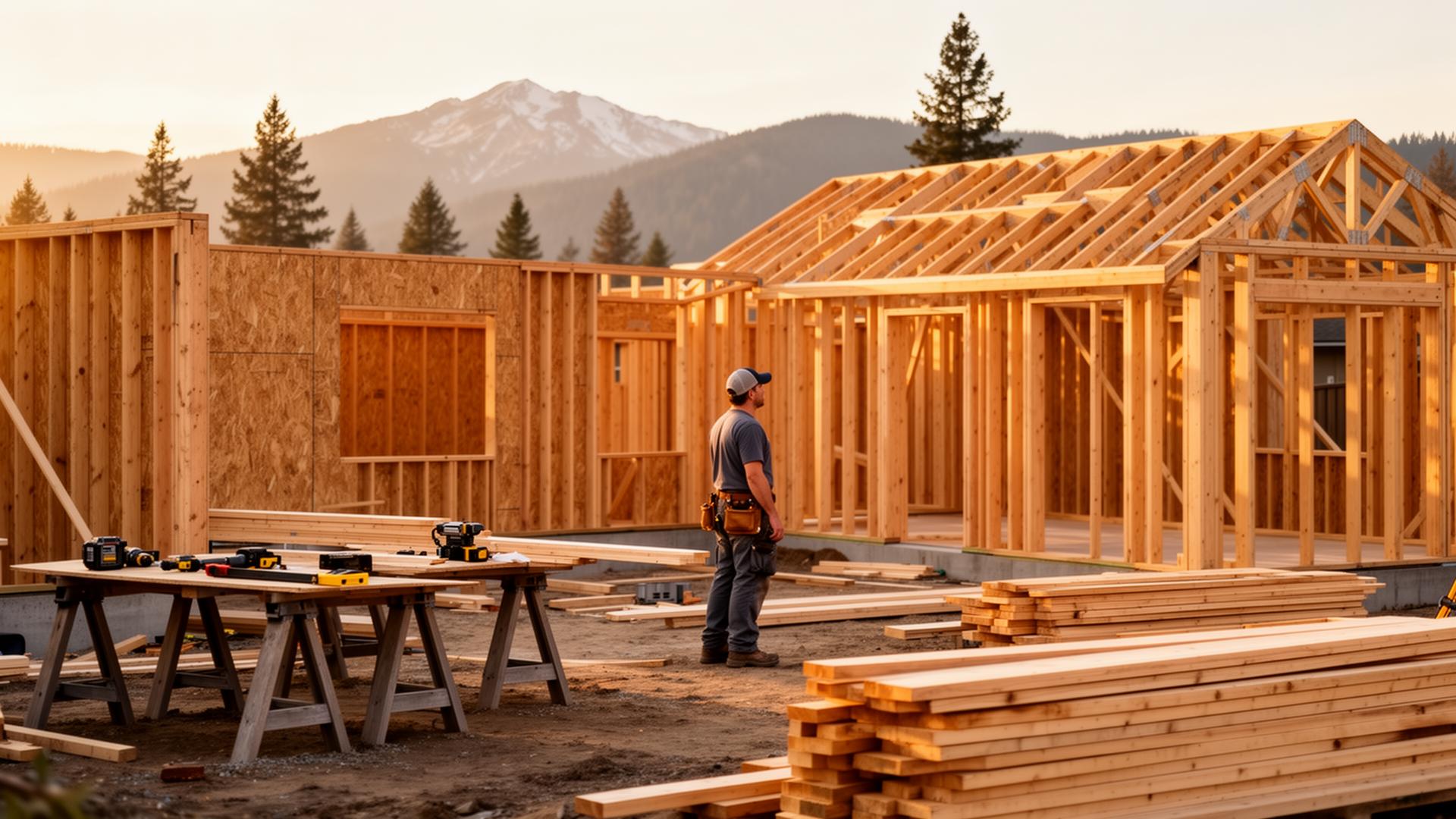 New home framing on a Central Washington construction site with contractor reviewing the work